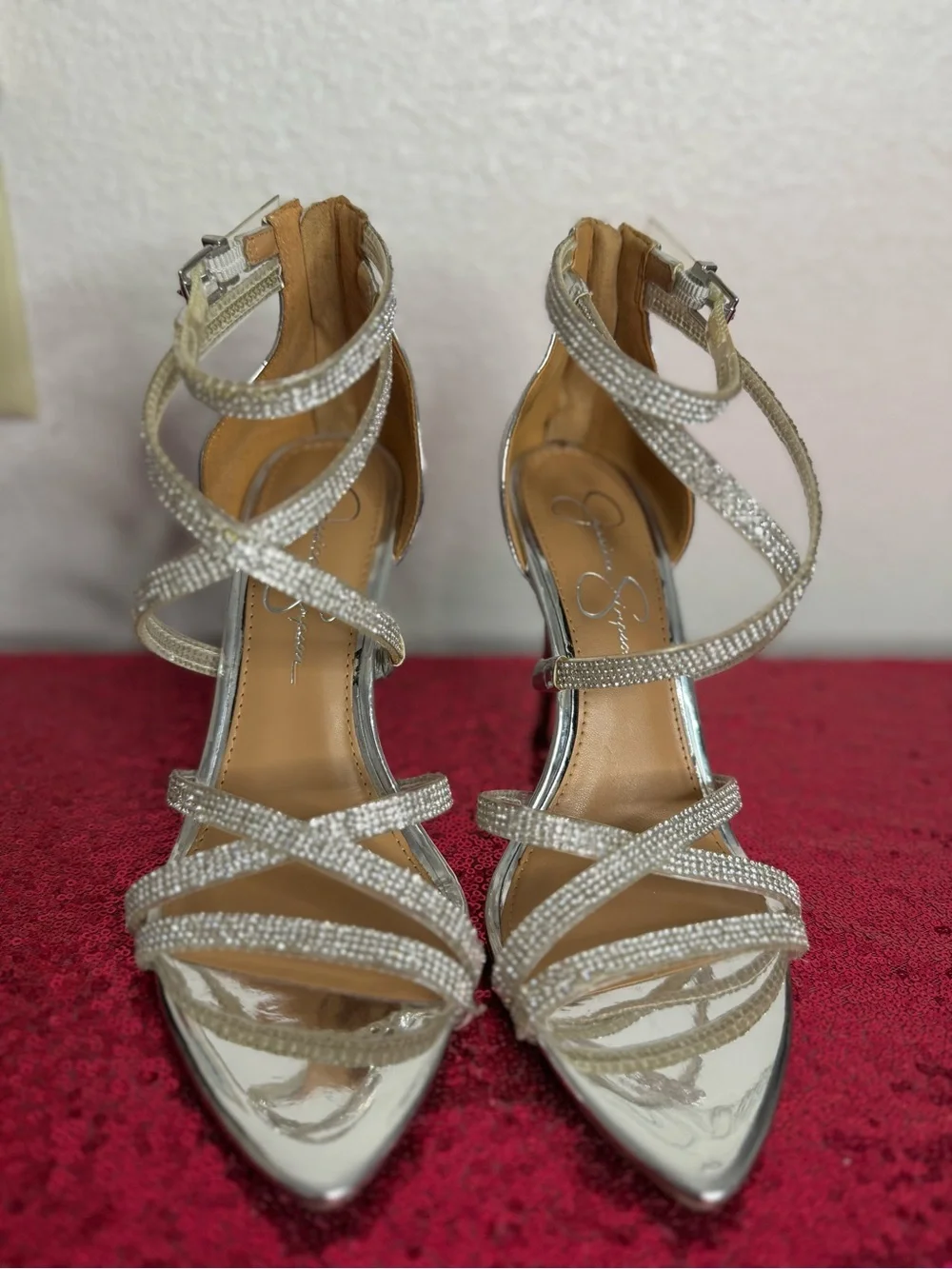 JESSICA SIMPSON 💎 Silver Rhinestone Strappy Stiletto Heels (Women’s Size 9)